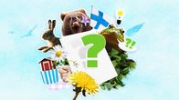 Kesäisessä kuvakoosteessa on Suomen lippu, suomalaisia eläimiä ja suomalaisia kukkia. Keskellä kuvaa on kysymysmerkki.