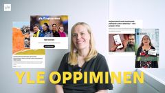 Kuvassa vaaleahiuksinen nainen katsoo kameraan ja hänen päänsä ympärillä näkyy kuvia Ylen oppimissisällöistä.