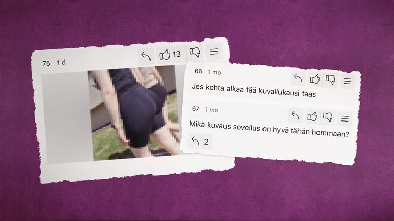 Kuvakollaasi, jossa on kuvakaappauksia Ylilaudan keskusteluketjun kommenteista. Kommenteissa keskustellaan naisten salakuvaamisesta.