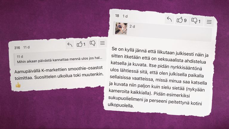 Kuvakollaasi, jossa on kuvakaappauksia Ylilaudan keskusteluketjun kommenteista. Kommenteissa keskustellaan naisten salakuvaamisesta.