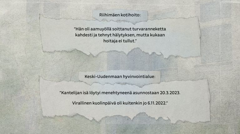 Kuvauksia hoidon puutteista Riihimäen kotihoidossa sekä Keski-Uudenmaan hyvinvointialueella.