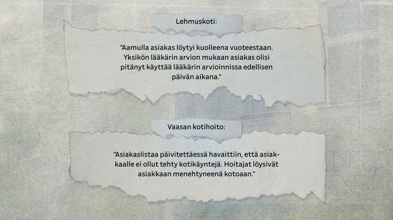 Kuvauksia hoidon puutteista Lehmuskodissa sekä Vaasan kotihoidossa.