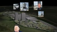Kuvakollaasi, jossa kaupunkia esittävän 3D-mallin päällä näkyy kuvia Teslan Cybertruckeista, Elon Muskia esittävästä hopeisesta patsaasta sekä raketista ja miehestä raketin edustalla. Alareunasta kurkistaa Elon Muskin pää.