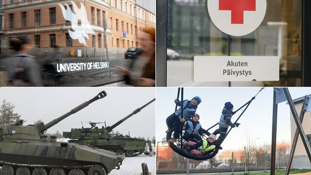 Kuvakombo jonka kuvissa yliopisto, päivystys, panssarivaunu ja päiväkoti.