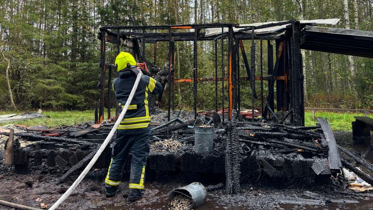 En brandman sprutar vatten på resterna av en nedbrunnen byggnad omgivet av skog.