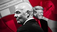 Kuvituskuva, jossa näkyy Gianni Infantino, Donald Trump, Suomen palloliiton logo sekä jalkapallon MM-pokaali.