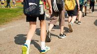Shot capturing the legs of a group of schoolchildren walk in line on a sunny day.