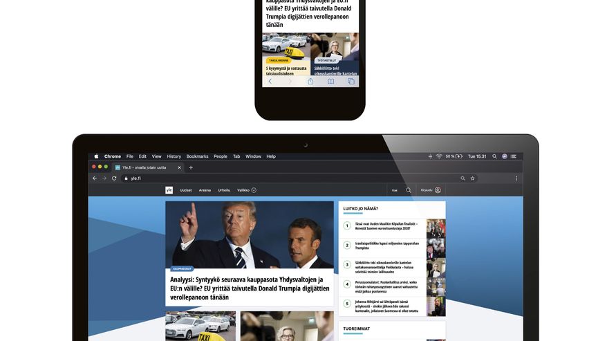 Yle.fi etusivu kännykän näytöllä ja läppärin näytöllä.