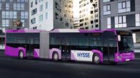 Havainnekuvassa violetti haitaribussi Tampereen Areenan alueella.