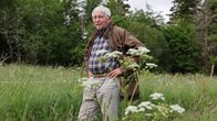 Osmo Kivivuori seisoo kädet länteilla niityn laidalla.