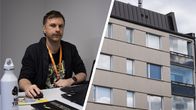 Kahden valokuvan yhdistelmä. Vasemmassa kuvassa mies on tietokoneen ääressä ja katsoo kohti kameraa. Oikeassa kuvassa kerrostalon julkisivu.