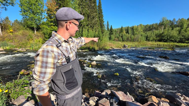 vesitöpäällikkö Matti Vaittinen valvoo sähkökalastusta Hiitolanjoen Kangaskoskella.