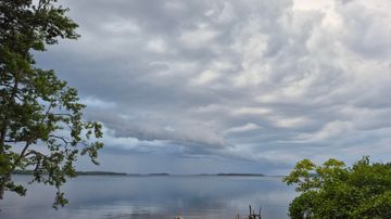Järvimaisema, jossa pilvinen taivas heijastuu tyynen veden pinnasta; etualalla kiviä ja kasvillisuutta.