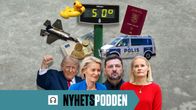 Ett montage med grå bakgrund och inklippta bilder på politiker, en polisbil, pengar, ett pass, ett jaktplan, termometer och badring. Längst ner står det "Nyhetspodden".