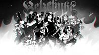 Yhdeksän piirrettyä black metal -hahmoa ja kolmipäinen koira seisovat yhdessä, taustalla teksti "Belzebubs".