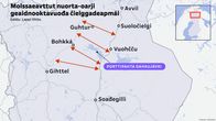Kartta Pohjois-Lapista, jossa näkyvät paikkakunnat ja nuolilla merkityt eri tieyhteysvaihtoehdot.