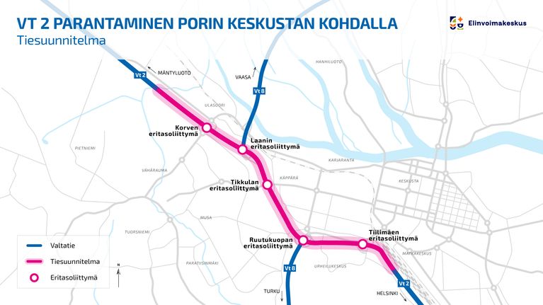 Kartta valtatie kahdesta Porin kohdalta.