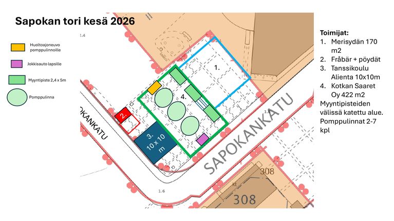 Kotkan Sapokan torin alueelle suunniteltuja kojuja ja alue pomppulinnalle.