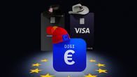 Kuvituskuva joka esittelee Digi-euroa Visan ja Mastercardin rinnalla.