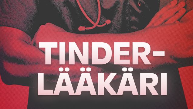 Kuvassa punaisella pohjalla kädet ristissä lääkäri, jonka päällä teksti Tinder-lääkäri. Mainoskuva.