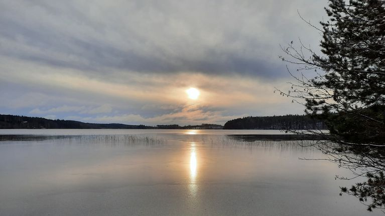 Aurinko paistaa järven takaa pilviverhon lävitse marraskuussa.