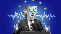 Graafinen kuvitus poliitikosta, jolla on robotin pää.