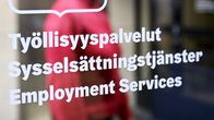 Lasiovessa lukee "Työllisyyspalvelut, Sysselsättningstjänster, Employment Services", taustalla hahmo sisätilassa.