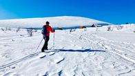 Person in red winter jacket and black ski pants on cross-country skis with a snowy, hilly landscape and clear blue sky seen in the background.