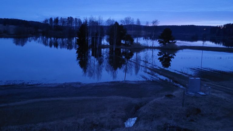 Aamu valkenee tulvivalla pellolla.