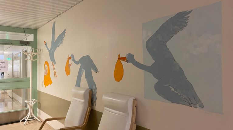 A hallway in a maternity ward with no people in it. There are two armchairs against the wall, which is decorated with grey and yellow stork paintings.