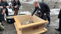 Edessä on puulaatikko, jonka sisällä on aikakapseli. Pääministeri muuraa aikakapselin.