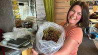 Iiläinen Tuuli Rääpysjärvi piitelee naurssa suin sylissään isoa muovipussia, joka on täynnä kihokkia.