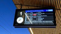An electronic sign showing train delays with birds in a dark blue sky behind it.