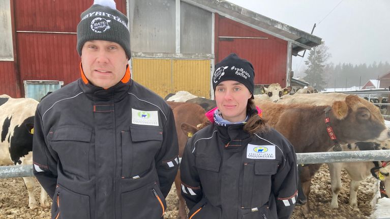Tuomo Mäkinen ja Veera Peijariniemi taustallaan navetta ja lehmiä.