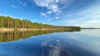 Rokansaari järveltä päin kuvattuna. Sininen taivas, saarella puita ja hiekkainen rantaviiva.