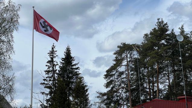 Hakaristilippu lipputangossa.