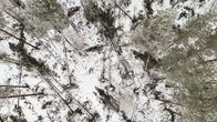 Myrskyn kaatamia puita lumisessa metsässä.