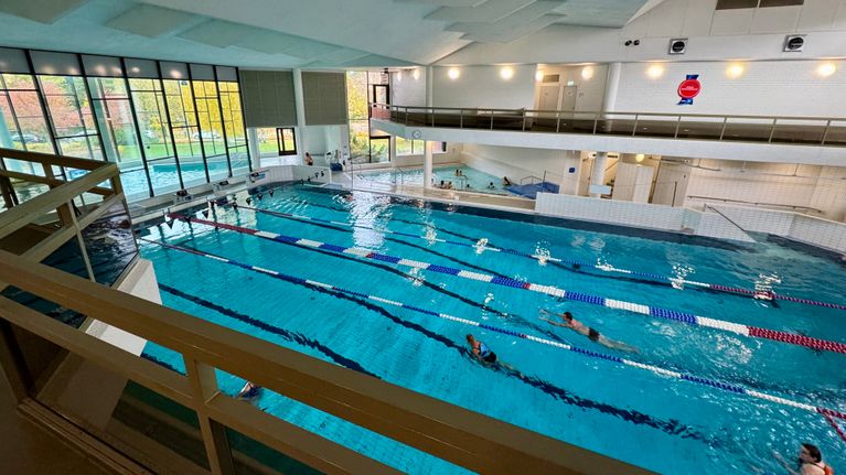 Indoor pool lanes pictured from above.