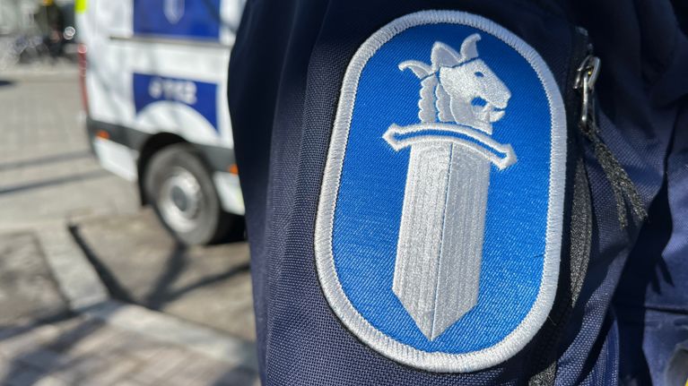 Poliisin hihamerkki, jossa miekalla on leijonan pää. Taustalla näkyy poliisiauton peräosa. 