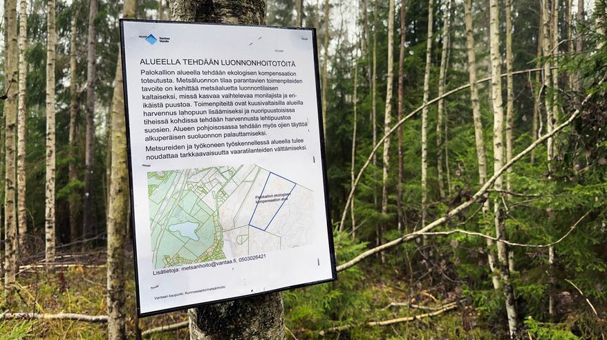 Puuhun kiinnitetty kyltti, joka kertoo että alueella tehdään luonnonhoitotöitä. Taustalla metsää.