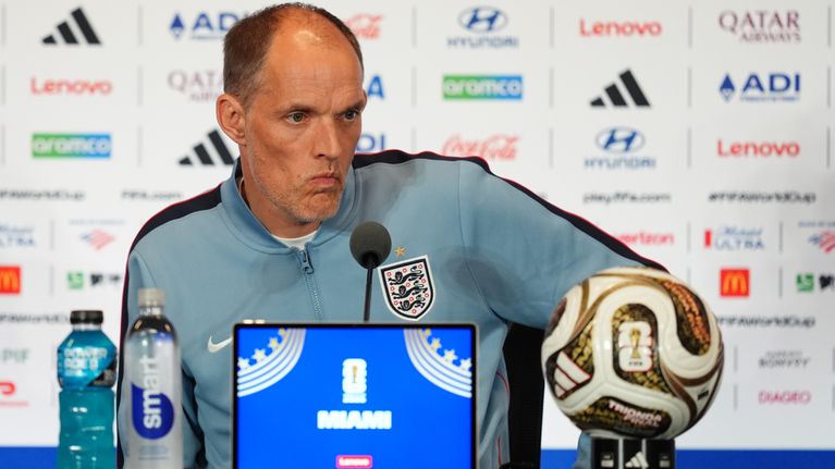 Thomas Tuchel lehdistötilaisuudessa Miamissa ennen pronssipeliä.