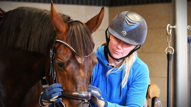 Emma Kanerva tallissa hevosen kanssa.