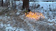 Kuvassa paljon palavia kynttilöitä onnettomuuspaikalla tien vieressä puun juurella talvisessa maastossa.