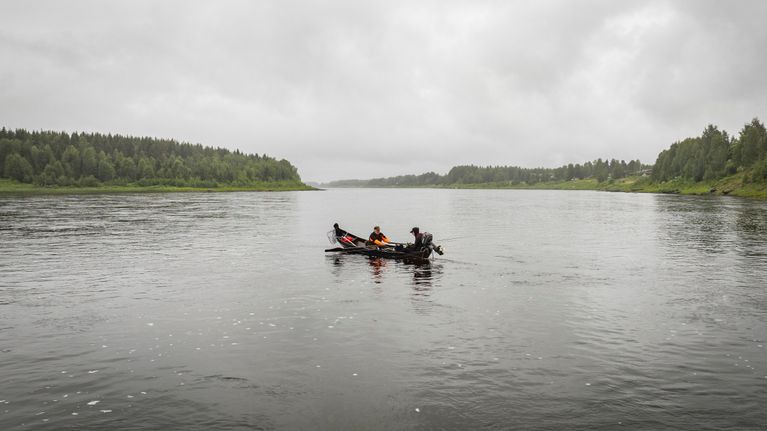 Ilmakuva veneestä keskellä Tornionjokea.