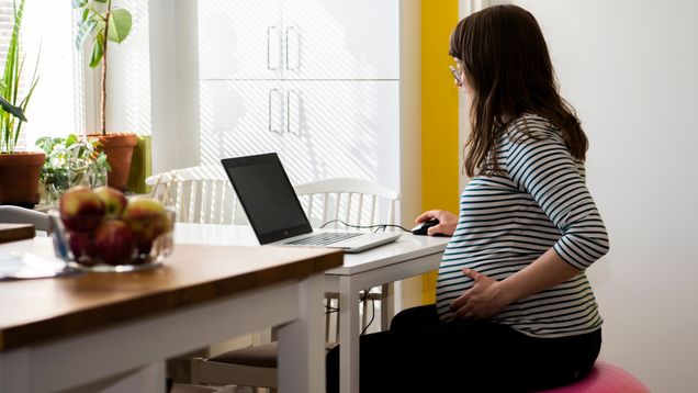 Pregnant woman in striped shirt sitting on a pink exercise ball at desk, using a laptop computer.