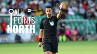 Football referee with his hand in the air next to an All points North logo.
