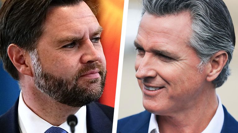 Yhdysvaltojen varapresidentti J. D. Vance ja Kalifornian kuvernööri Gavin Newsom. 