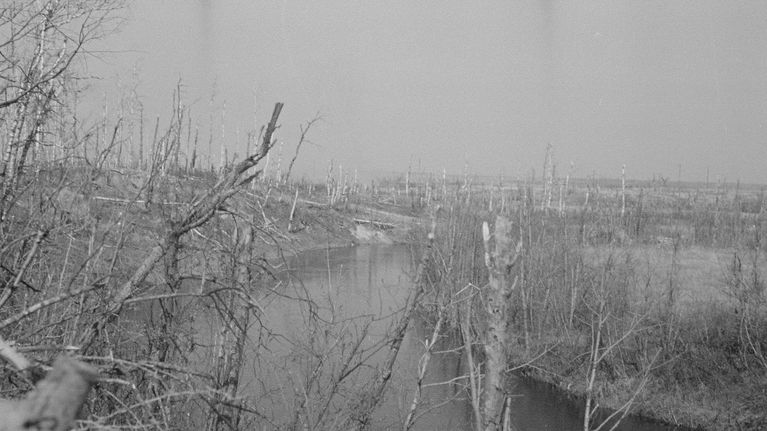 Rajajokea Valkeasaaren aseman raunioista luoteeseen toukokuussa 1944.