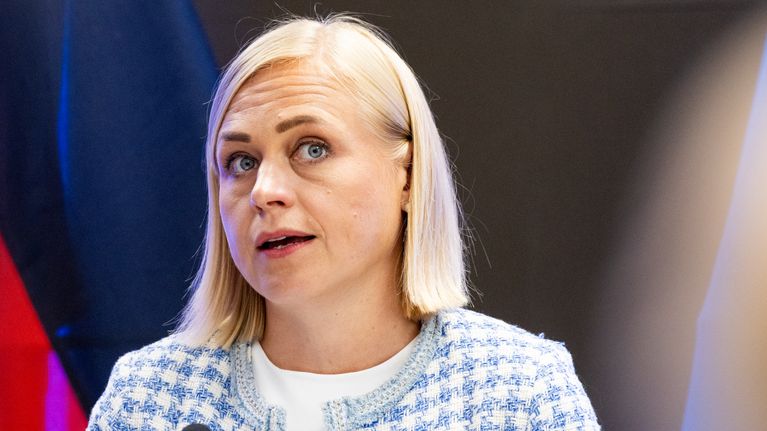 Elina Valtonen seisoo puhujapöntön takana mikrofonin edessä, taustalla Saksan ja Suomen liput.