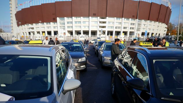 Taxis in front of Helsinki's Olympic Stadium.